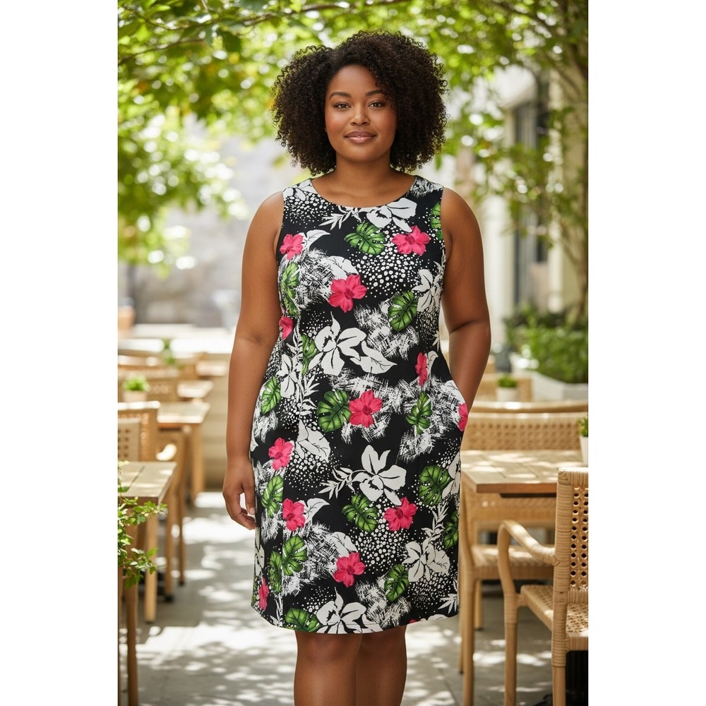 Dressbarn Woman 14W Tropical Floral Sheath Dress Black Pink Green Sleeveless